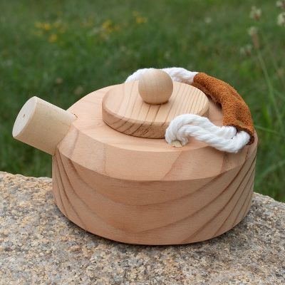 Unfinished Pine Wood Tea Kettle with Natural Rope and Suede Handle