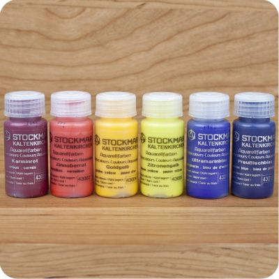 20 ml Stockmar paint, 6 colors, Carmine Red, Vermillion, Golden Yellow, Lemon Yellow, Ultramarine Blue, Prussian Blue