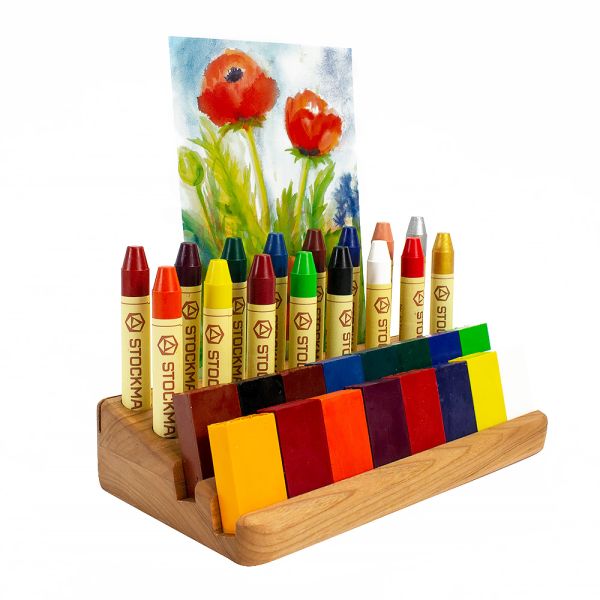 Cherry Wood Crayon Holder, 16 block and 16 stick with Postcard/Art